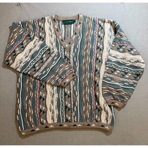 Tundra Canada 3D Knit Sweater Mens‎ XL Beige Striped Cosby Pullover Long Sleeve.